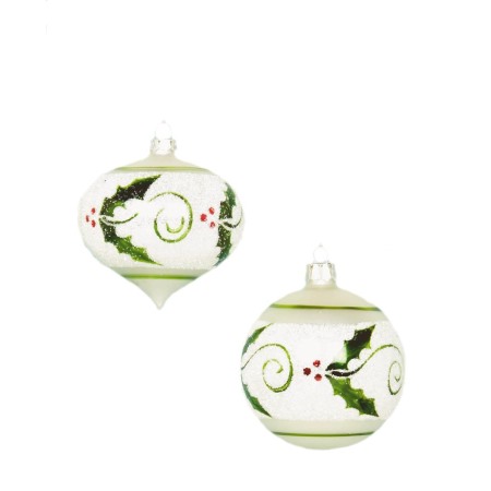 Glass Christmas Tree Baubles with Holly Pattern Hanging Decoration Pack ...